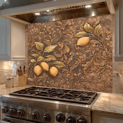 Decorative backsplash with lemon design above a stove in a kitchen.