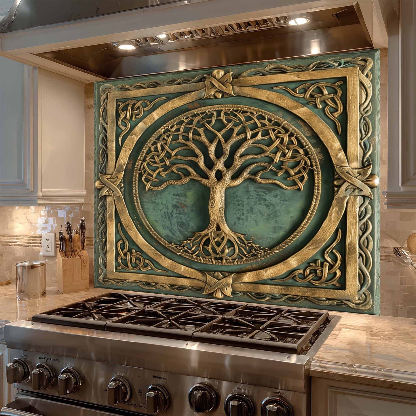 Decorative backsplash with a tree design above a stove in a kitchen.