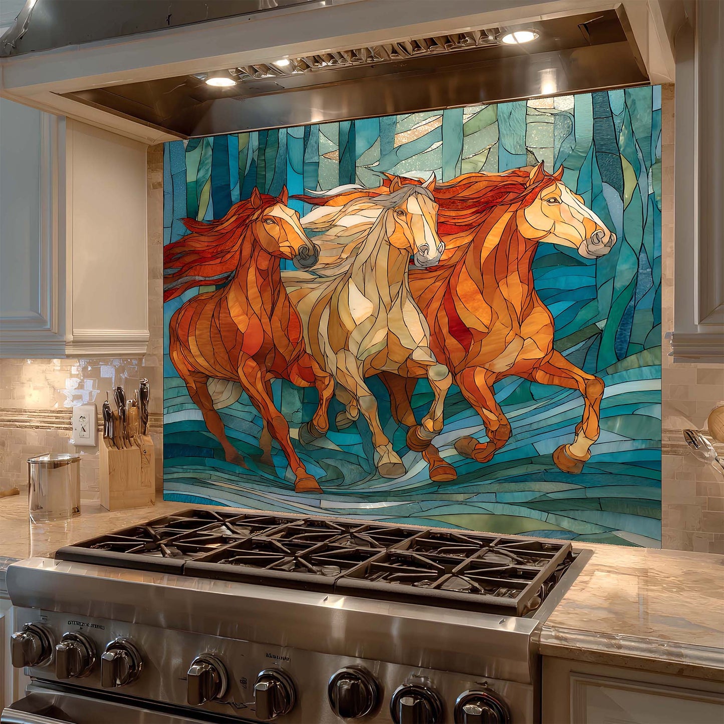 Three galloping horses in a stained glass forest design on tempered glass backsplash, adding motion, warmth, and artistic depth to kitchens.