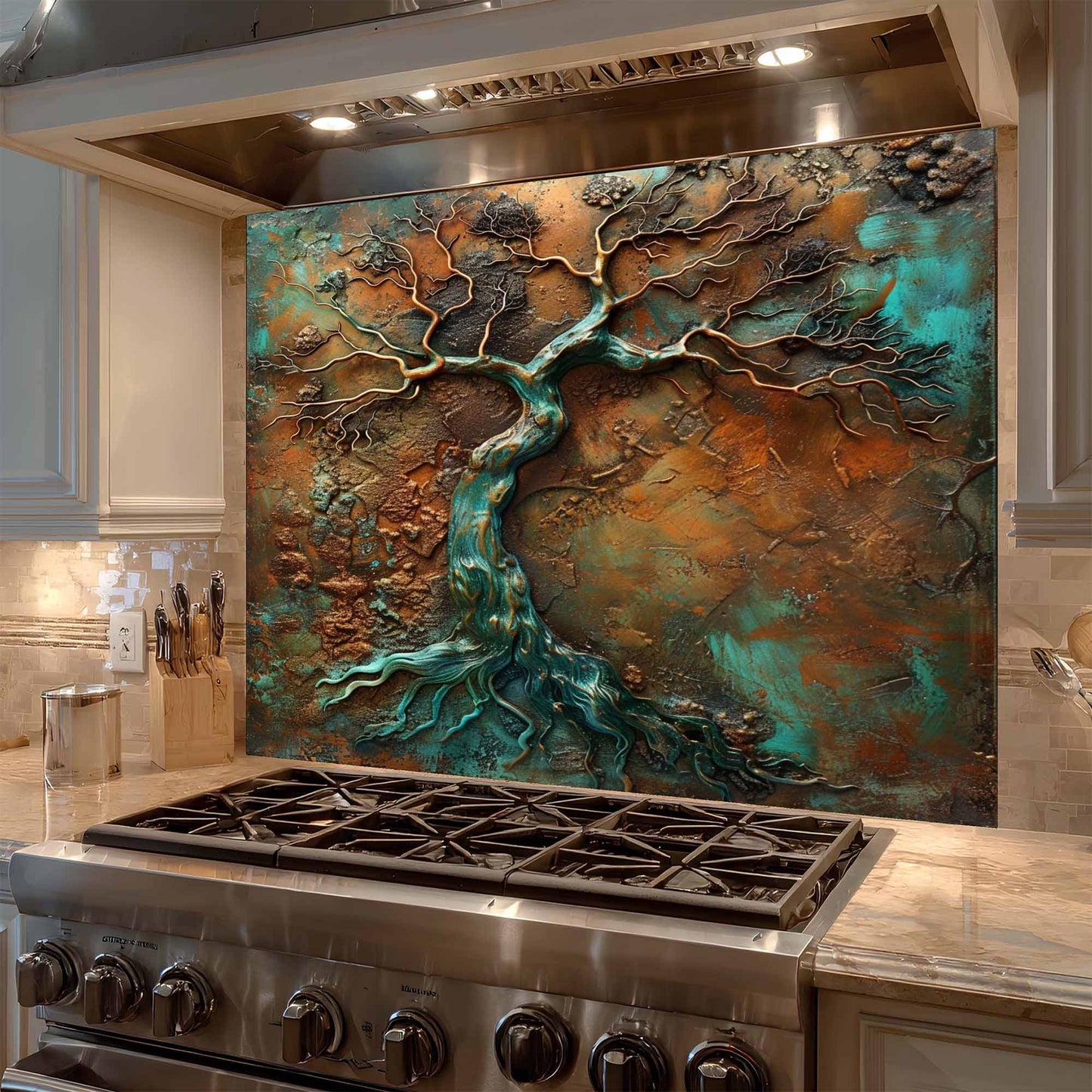 Decorative backsplash with tree design above a stove in a kitchen.