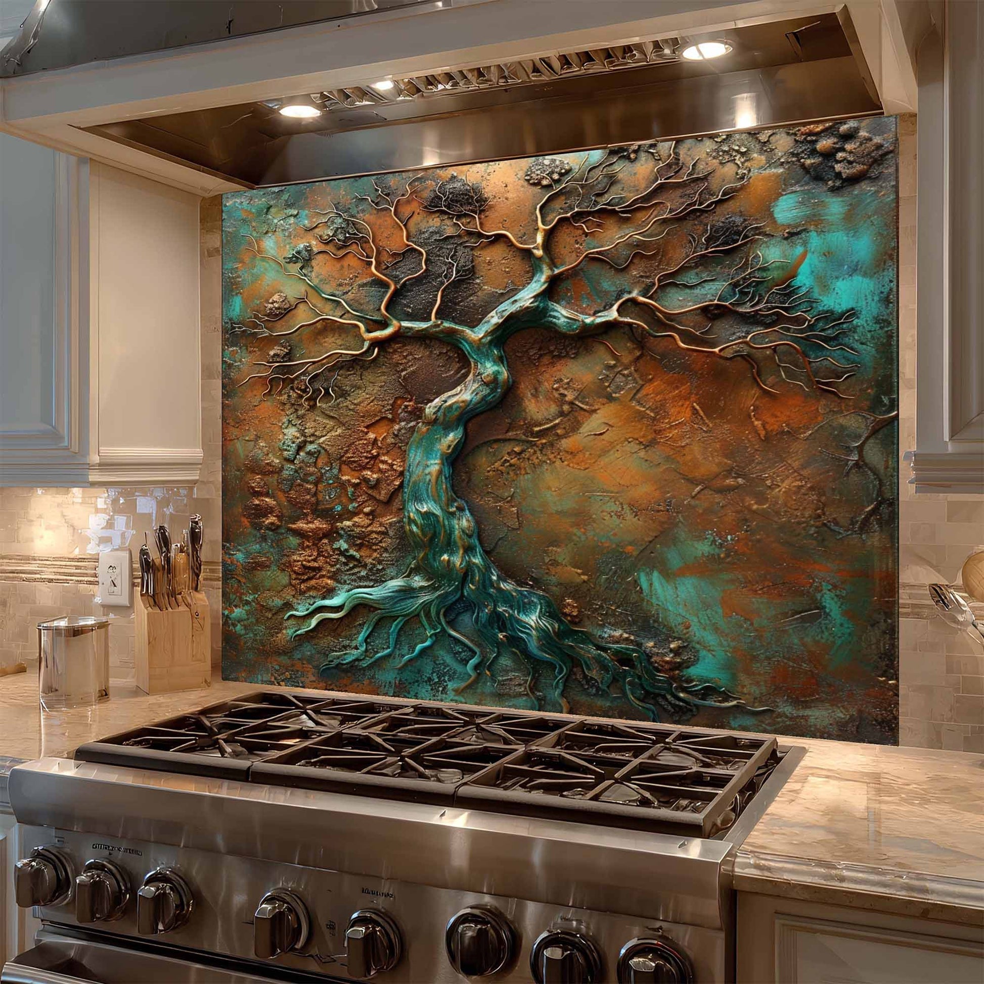 Decorative backsplash with tree design above a stove in a kitchen.
