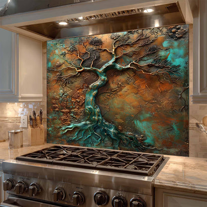 Decorative backsplash with tree design above a stove in a kitchen.