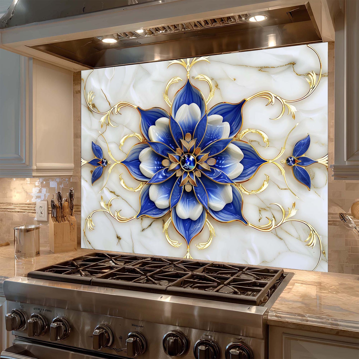 Decorative backsplash with blue floral design over a stove in a kitchen.