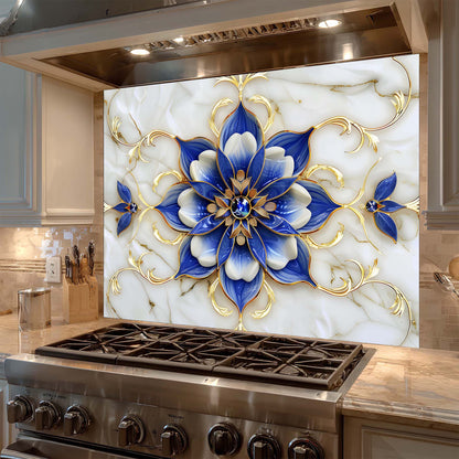 Decorative backsplash with blue floral design over a stove in a kitchen.