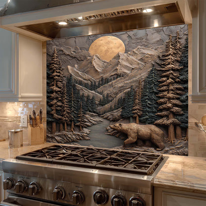 Stainless steel stove with mountain and bear design backsplash in a kitchen setting