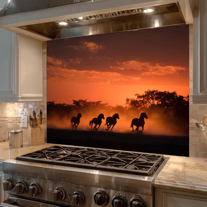 Stainless steel stove with a decorative backsplash of horses running at sunset.