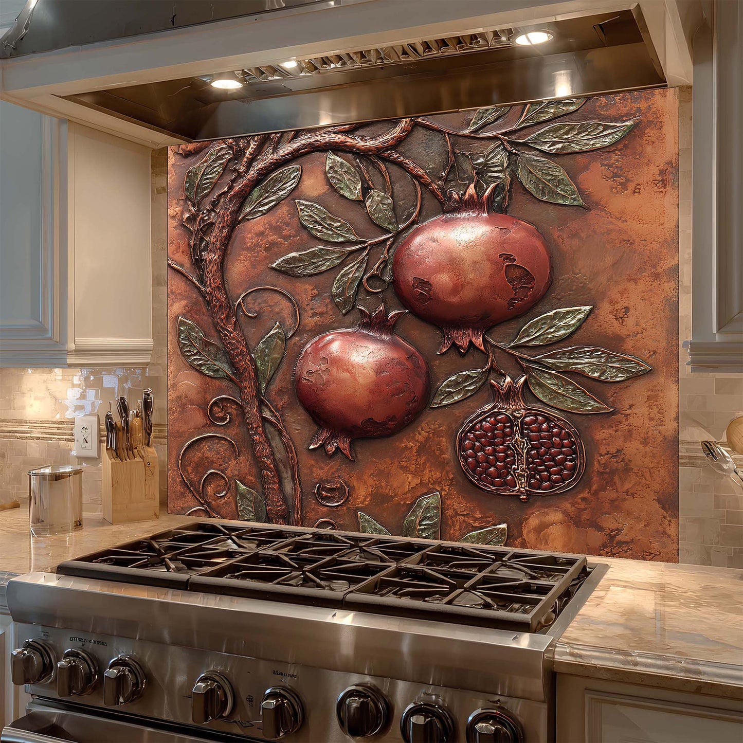 Decorative backsplash with pomegranate design above a stove in a kitchen.