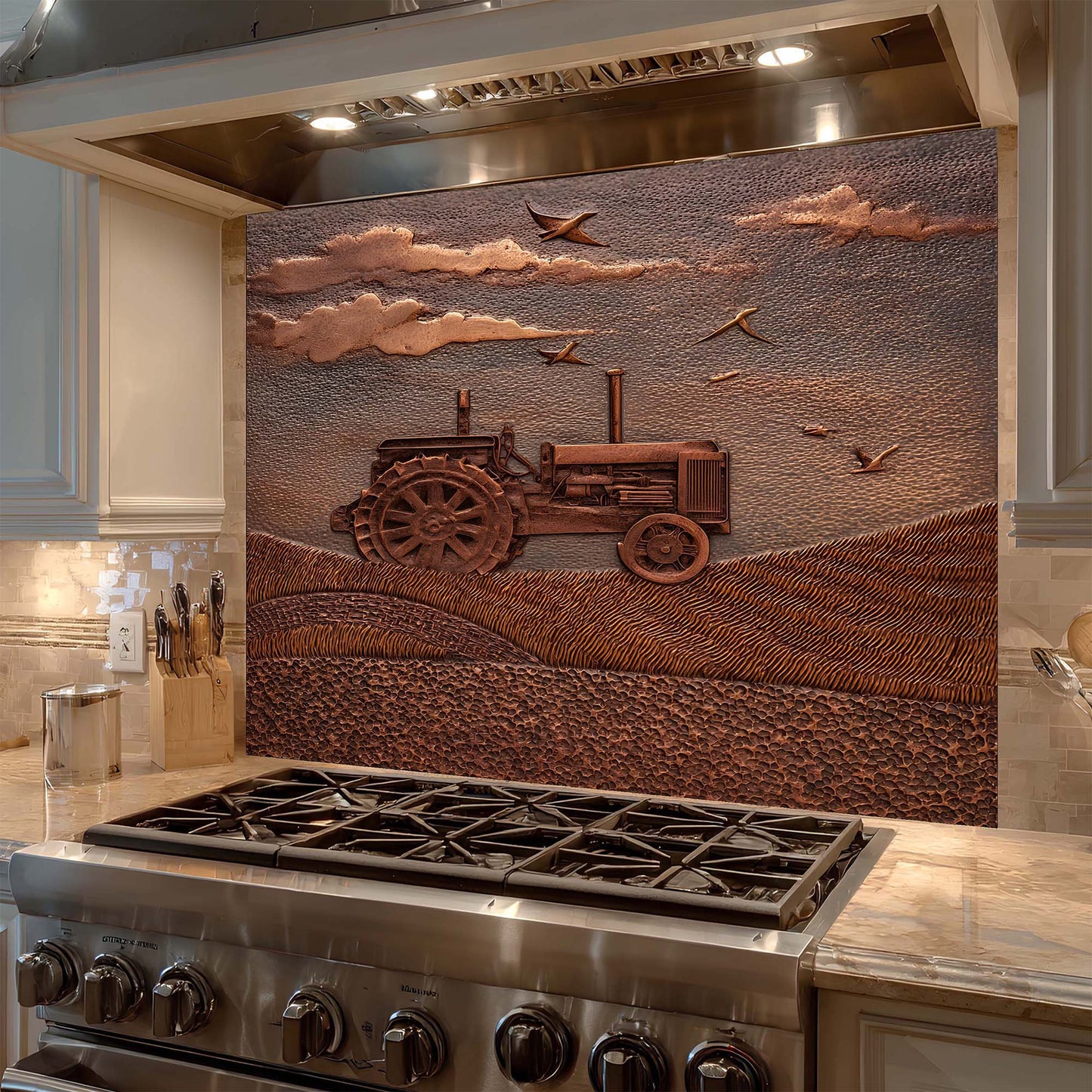 Decorative backsplash with a tractor design above a stove in a kitchen.