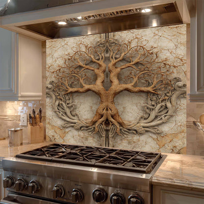 Decorative backsplash with tree design above a stove in a kitchen.