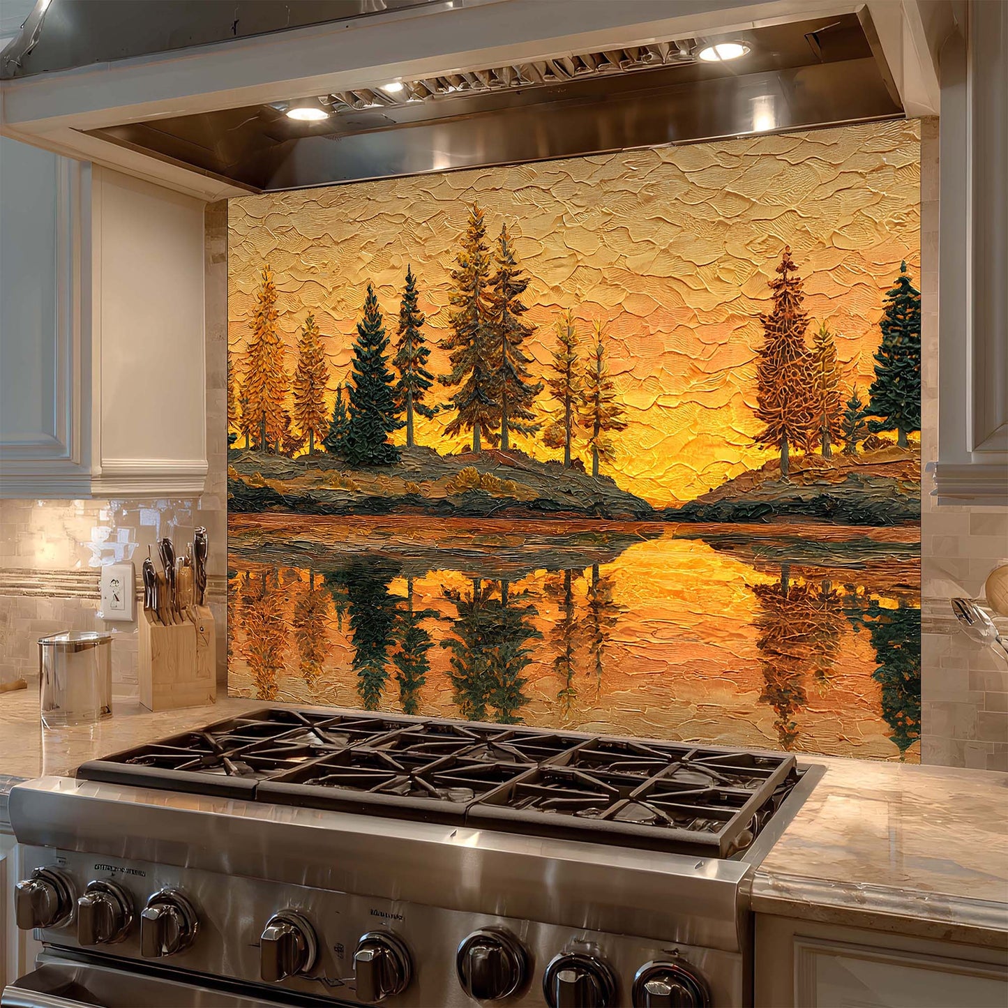 Kitchen with a decorative wall panel featuring a forest scene.
