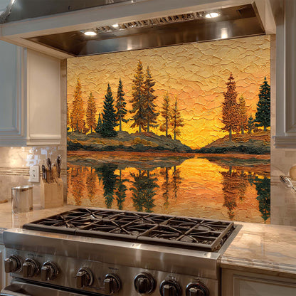 Kitchen with a decorative wall panel featuring a forest scene.