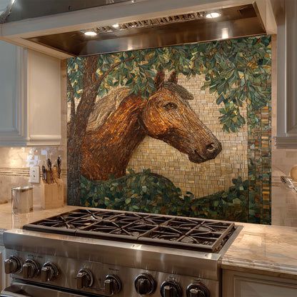 Elegant horse portrait in mosaic woodland style on tempered glass backsplash, bringing warmth, calm, and nature-inspired beauty to kitchens.