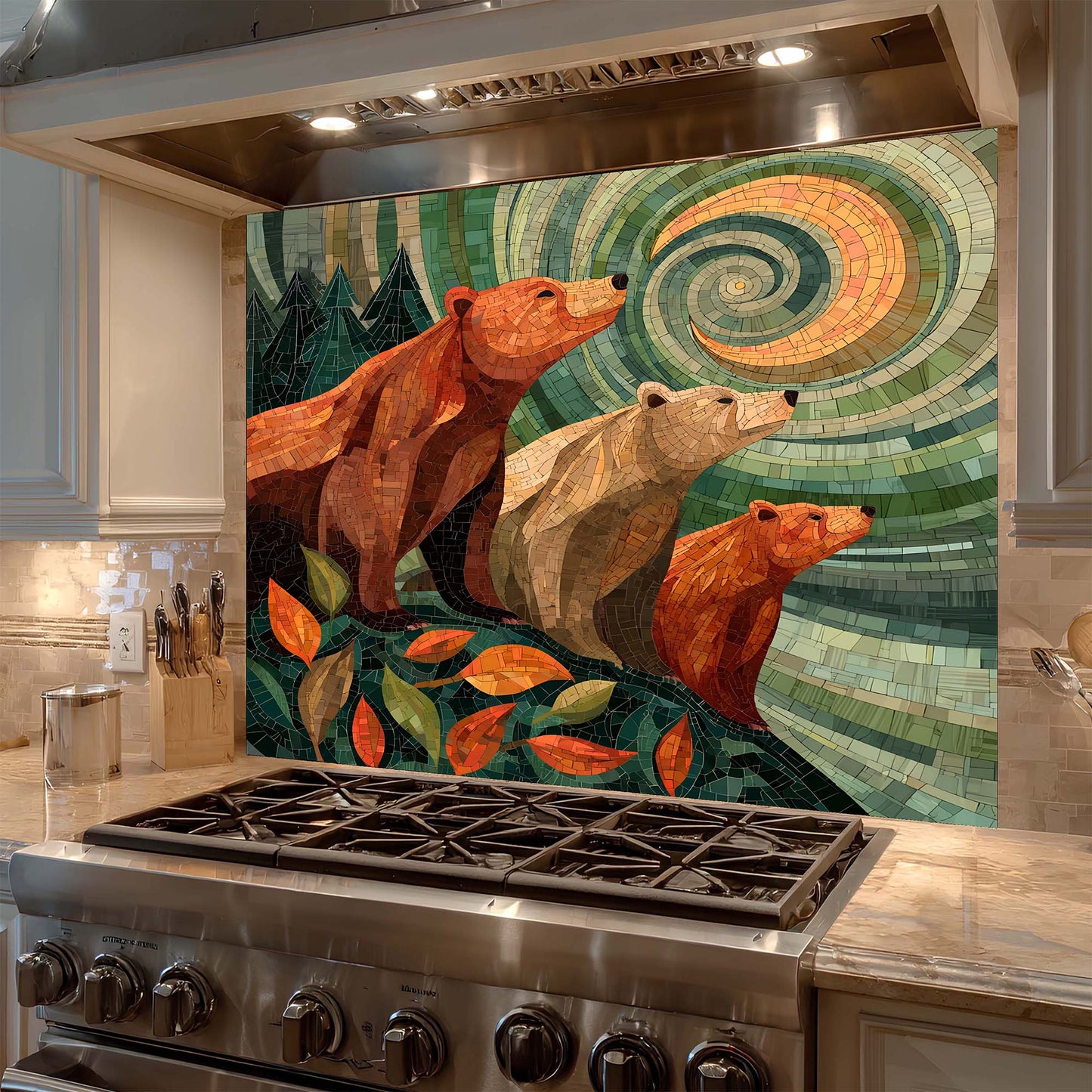 A symbolic bear family gazing at a spiral sky, printed on a tempered glass backsplash that adds warmth, meaning, and woodland calm to kitchens.