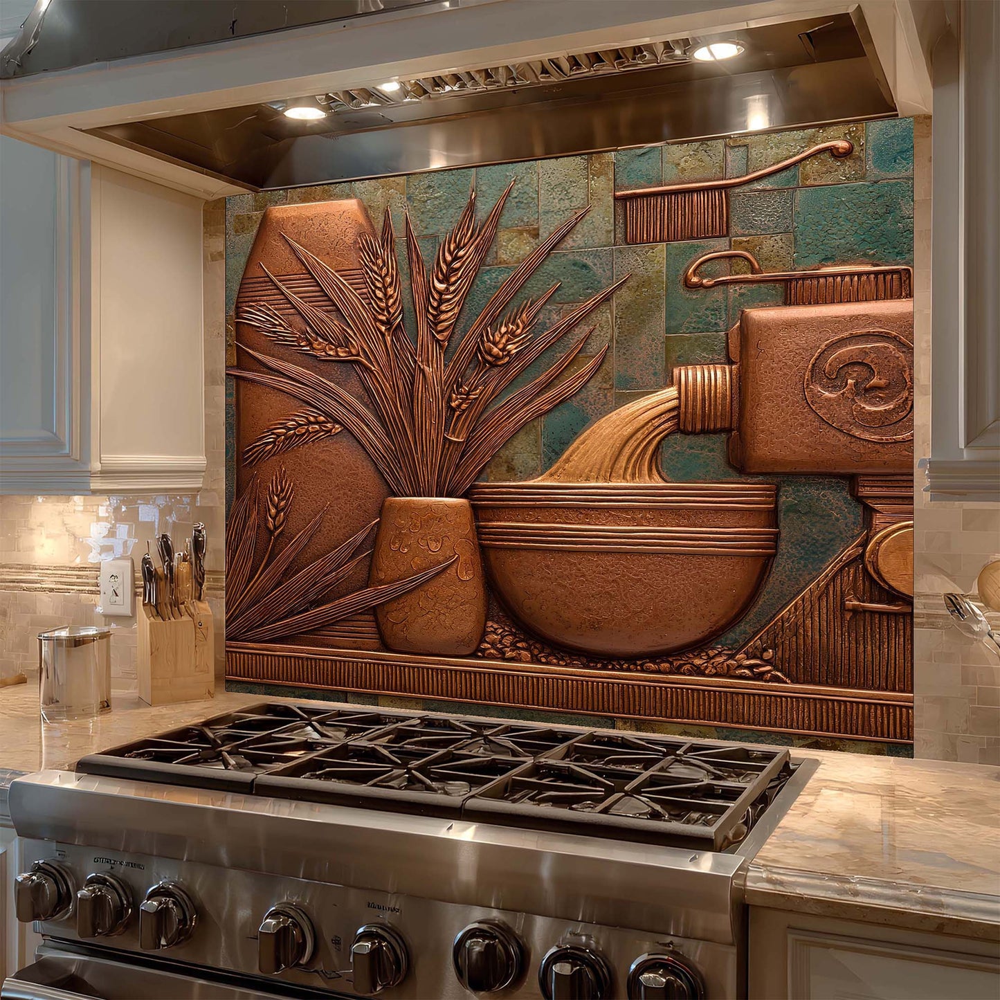Decorative backsplash with artistic design above a stove in a kitchen.