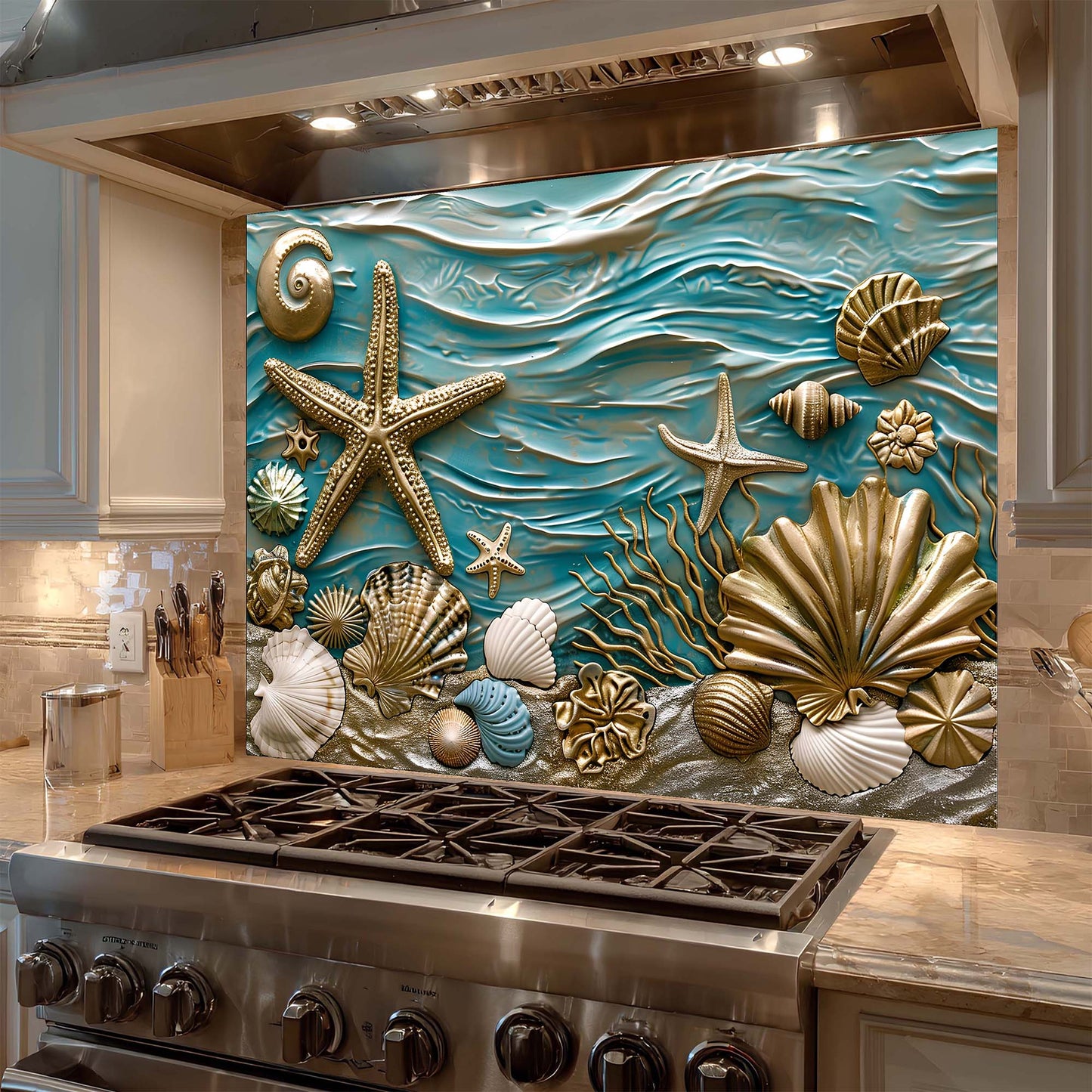 Decorative backsplash with sea-themed design featuring shells, starfish, and waves above a stove.
