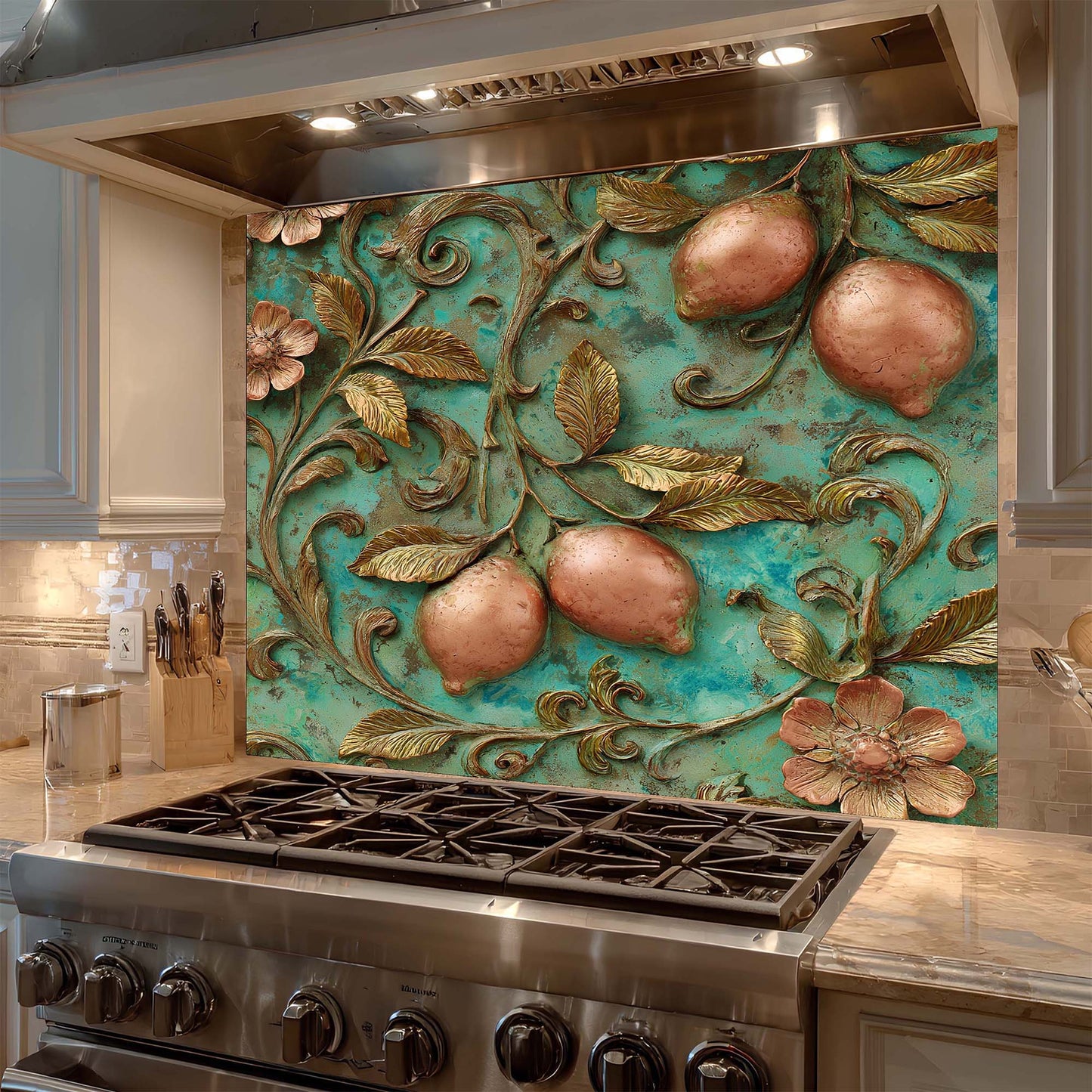 Decorative backsplash with floral and fruit design above a stove in a kitchen.